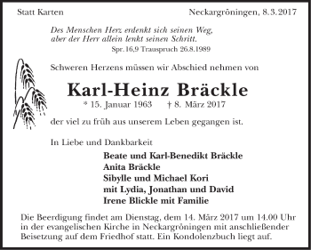 Traueranzeige von Karl-Heinz Bräckle von Marbacher Zeitung