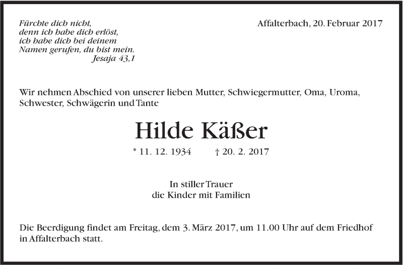  Traueranzeige für Hilde Käßer vom 01.03.2017 aus Marbacher Zeitung