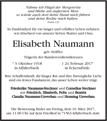 Traueranzeige von Elisabeth Naumann von Marbacher Zeitung