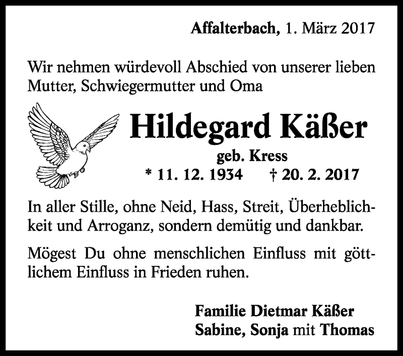  Traueranzeige für Hildegard Käßer vom 01.03.2017 aus Marbacher Zeitung