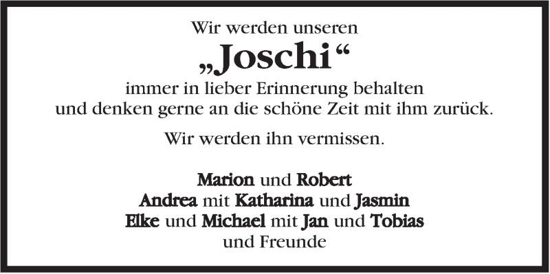  Traueranzeige für Joschi  vom 11.04.2017 aus Marbacher Zeitung