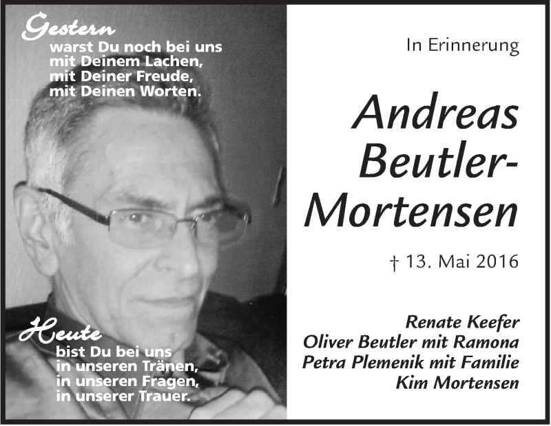  Traueranzeige für Andreas Beutler-Mortensen vom 13.05.2017 aus Marbacher Zeitung