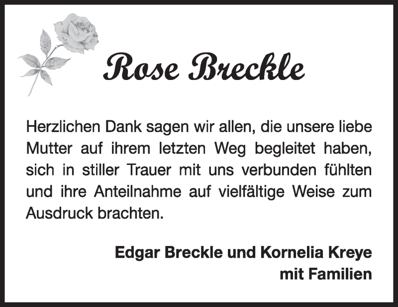  Traueranzeige für Rose Breckle vom 14.07.2017 aus Marbacher Zeitung