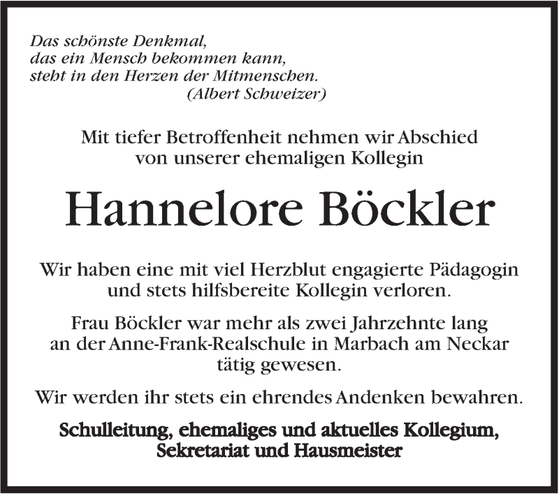  Traueranzeige für Hannelore Böckler vom 09.01.2018 aus Marbacher Zeitung