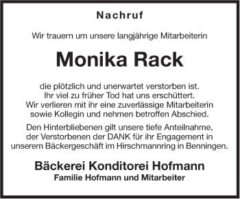 Traueranzeige von Monika Rack von Marbacher Zeitung