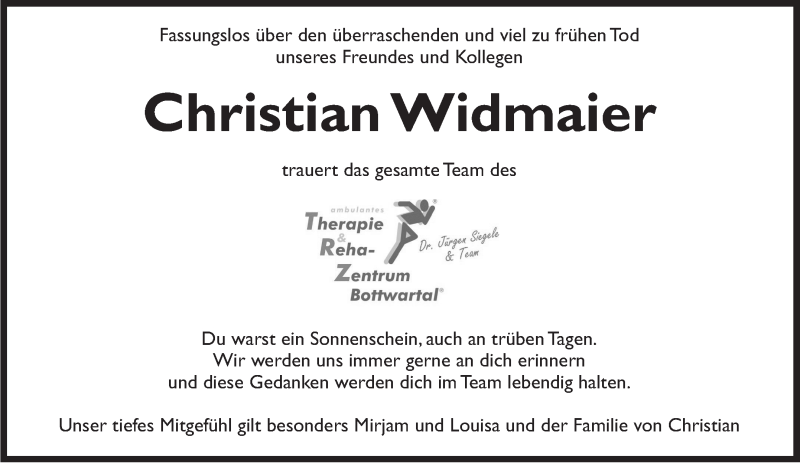  Traueranzeige für Christian Widmaier vom 08.11.2018 aus Marbacher Zeitung