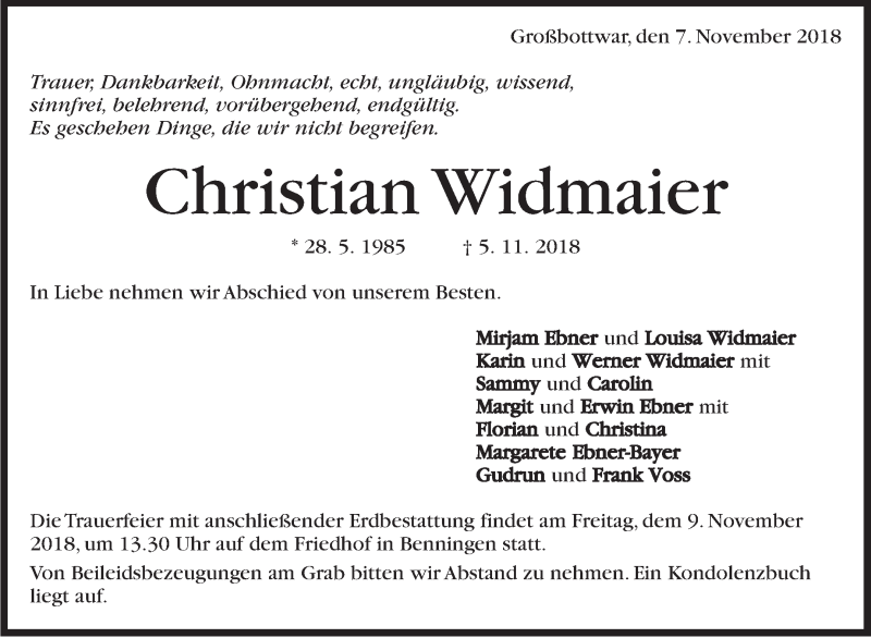  Traueranzeige für Christian Widmaier vom 07.11.2018 aus Marbacher Zeitung
