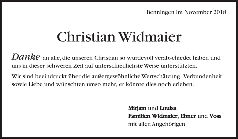  Traueranzeige für Christian Widmaier vom 01.12.2018 aus Marbacher Zeitung