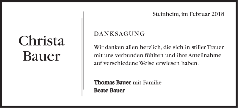  Traueranzeige für Christa Bauer vom 22.02.2018 aus Marbacher Zeitung