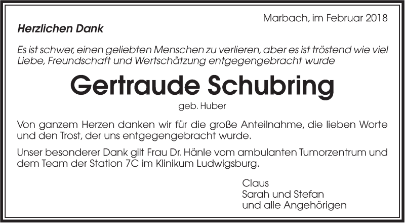  Traueranzeige für Gertraude Schubring vom 24.02.2018 aus Marbacher Zeitung