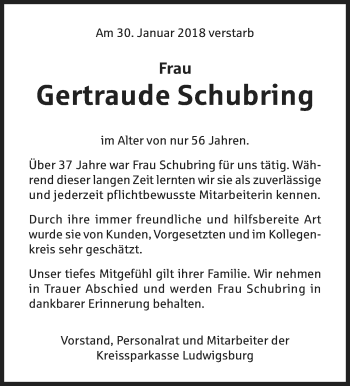 Traueranzeige von Gertraude Schubring von Marbacher Zeitung