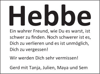 Traueranzeige von Hebbe  von Marbacher Zeitung