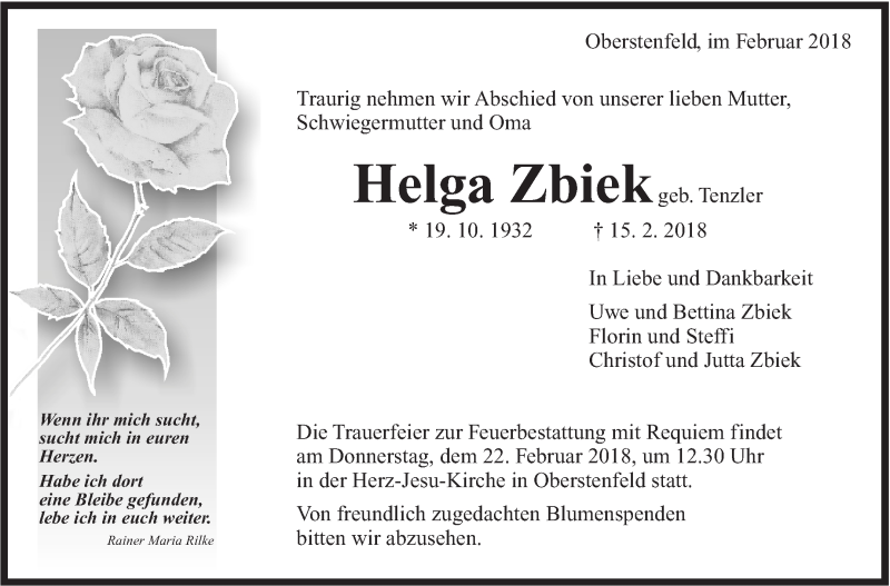  Traueranzeige für Helga Zbiek vom 20.02.2018 aus Marbacher Zeitung