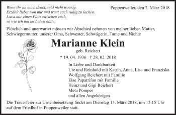 Traueranzeige von Marianne Klein von Marbacher Zeitung
