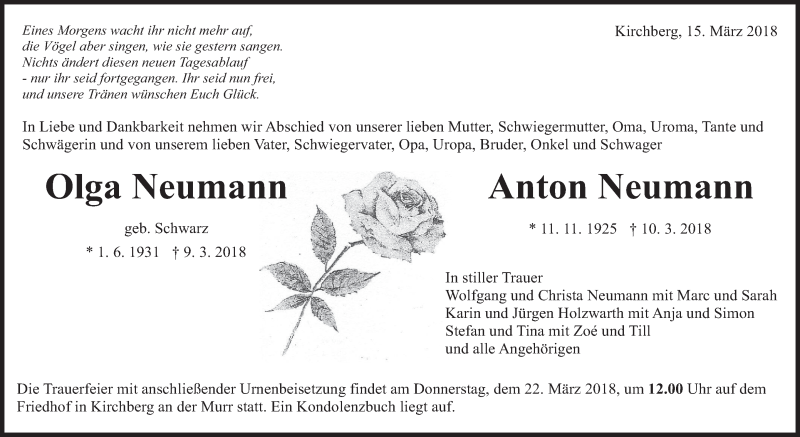  Traueranzeige für Olga und Anton Neumann vom 15.03.2018 aus Marbacher Zeitung