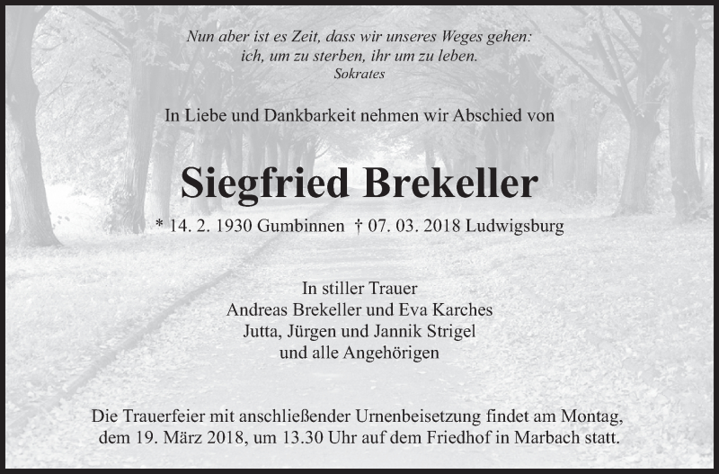  Traueranzeige für Siegfried Brekeller vom 14.03.2018 aus Marbacher Zeitung