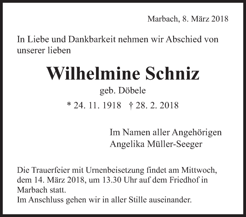  Traueranzeige für Wilhelmine Schniz vom 08.03.2018 aus Marbacher Zeitung