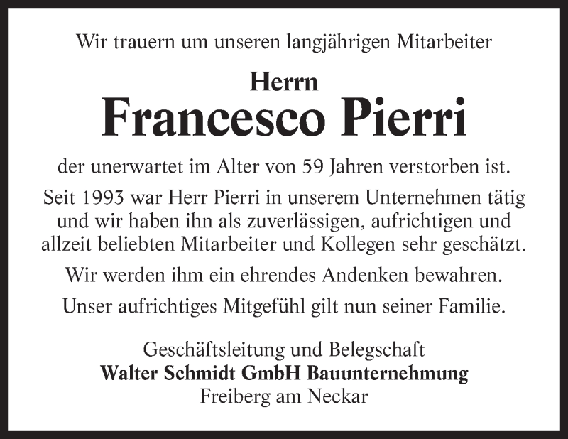  Traueranzeige für Francesco Pierri vom 24.05.2018 aus Marbacher Zeitung