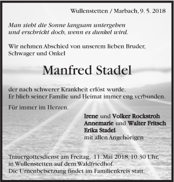 Traueranzeige von Manfred Stadel von Marbacher Zeitung