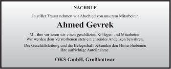 Traueranzeige von Ahmed Gevrek von Marbacher Zeitung