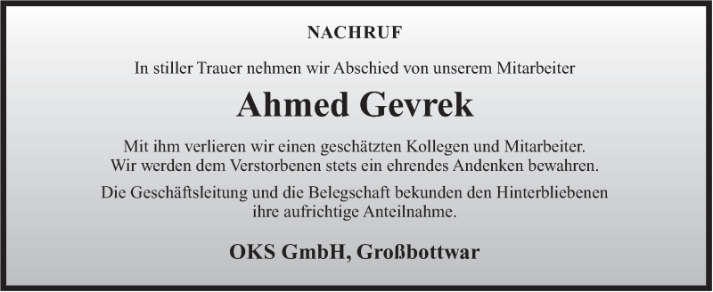  Traueranzeige für Ahmed Gevrek vom 16.06.2018 aus Marbacher Zeitung
