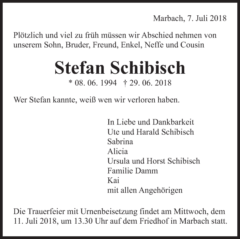  Traueranzeige für Stefan Schibisch vom 07.07.2018 aus Marbacher Zeitung