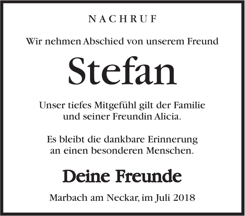  Traueranzeige für Stefan Schibisch vom 18.07.2018 aus Marbacher Zeitung