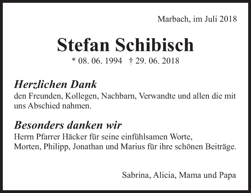  Traueranzeige für Stefan Schibisch vom 25.07.2018 aus Marbacher Zeitung