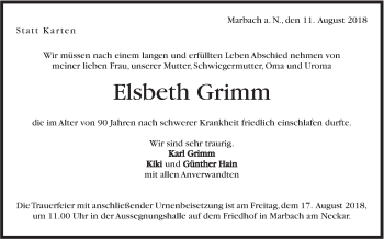 Traueranzeige von Elsbeth Grimm von Marbacher Zeitung