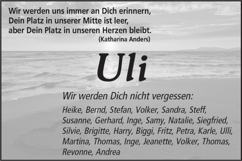  Traueranzeige für Uli  vom 30.01.2019 aus Marbacher Zeitung
