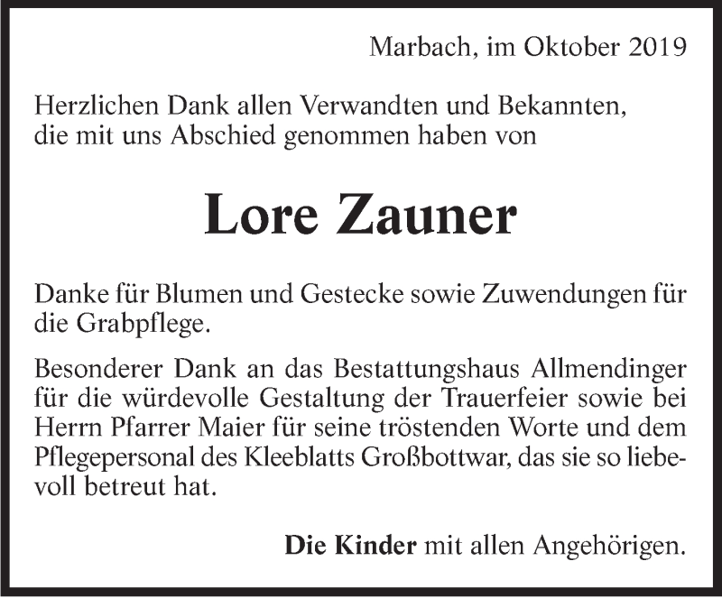  Traueranzeige für Lore Zauner vom 26.10.2019 aus Marbacher Zeitung