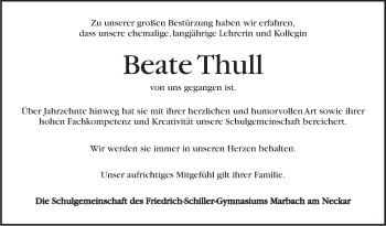 Traueranzeige von Beate Thull von Marbacher Zeitung
