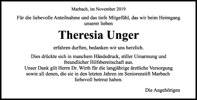  Traueranzeige für Theresia Unger vom 26.11.2019 aus Marbacher Zeitung