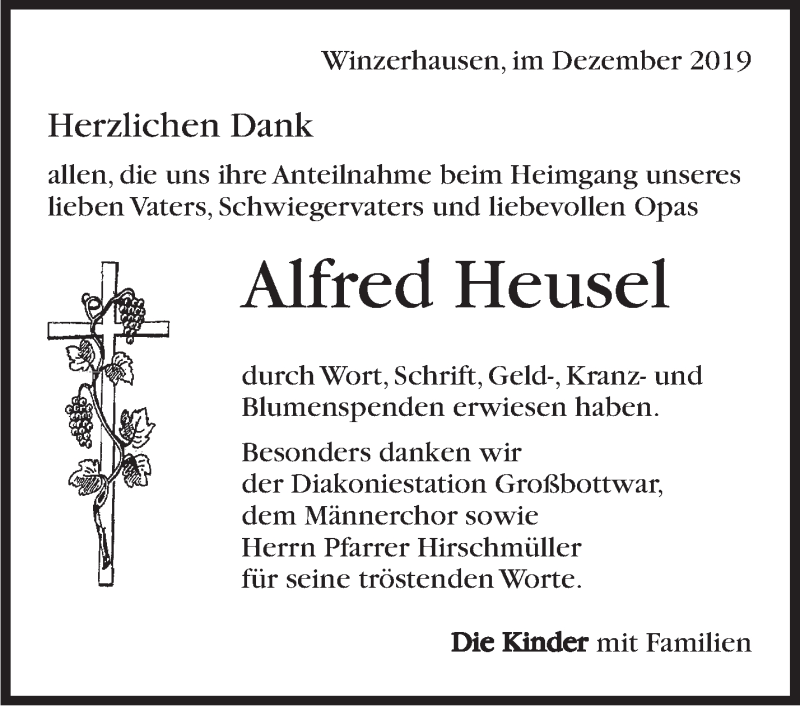  Traueranzeige für Alfred Heusel vom 13.12.2019 aus Marbacher Zeitung