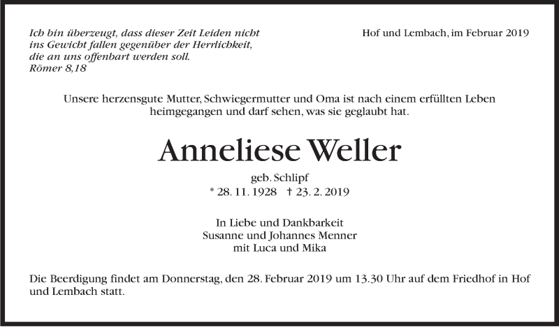  Traueranzeige für Anneliese Weller vom 26.02.2019 aus Marbacher Zeitung