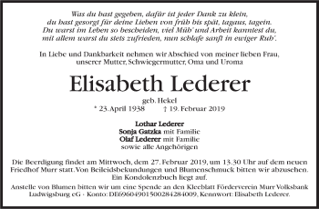 Traueranzeige von Elisabeth Lederer von Marbacher Zeitung