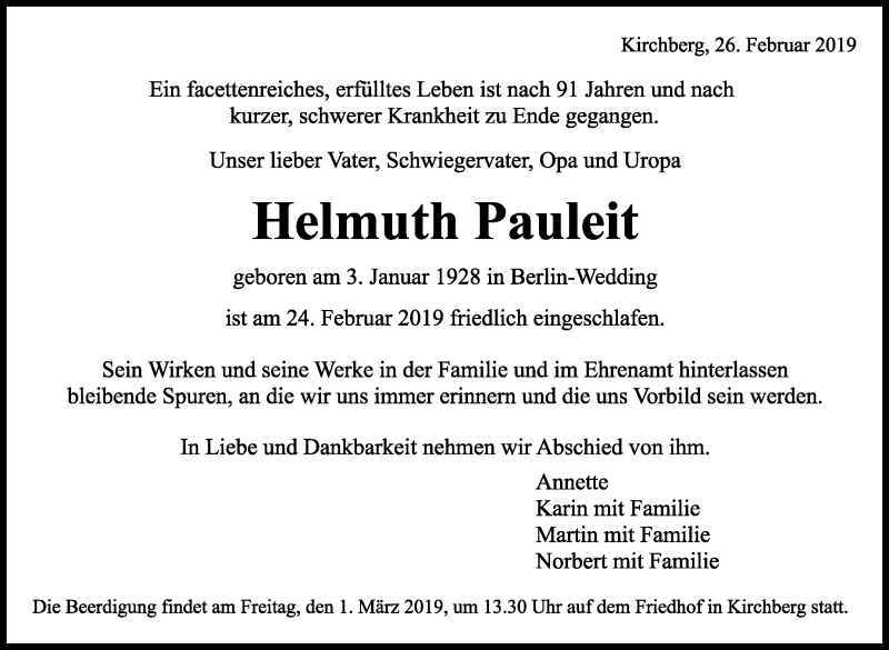  Traueranzeige für Helmuth Pauleit vom 26.02.2019 aus Marbacher Zeitung