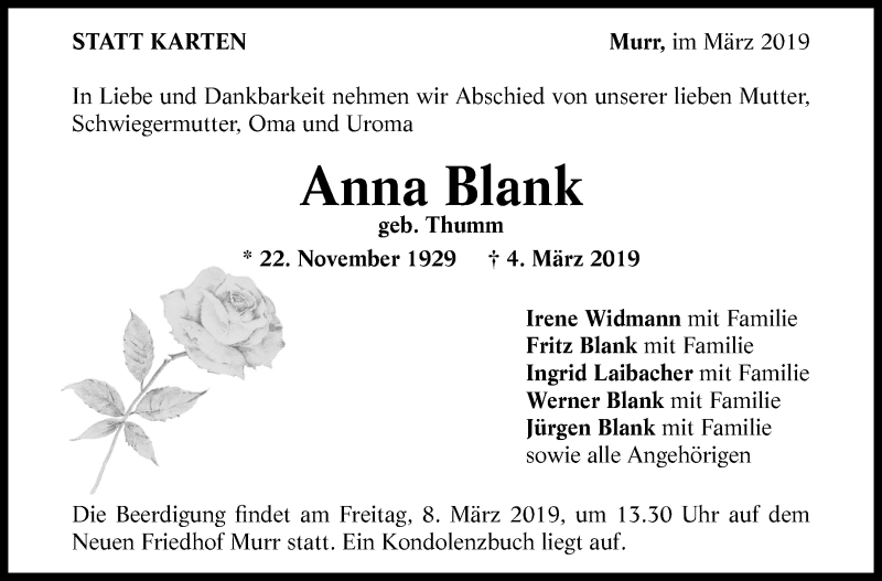  Traueranzeige für Anna Blank vom 06.03.2019 aus Marbacher Zeitung