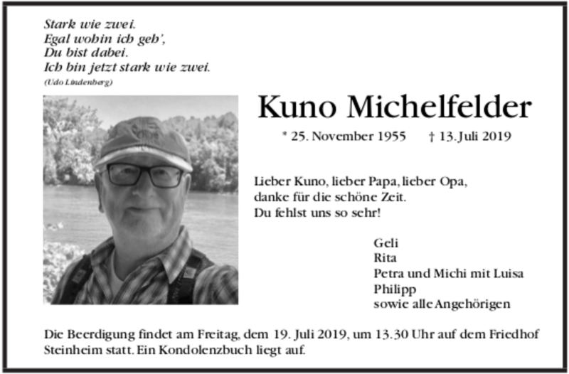  Traueranzeige für Kuno Michelfelder vom 16.07.2019 aus Marbacher Zeitung