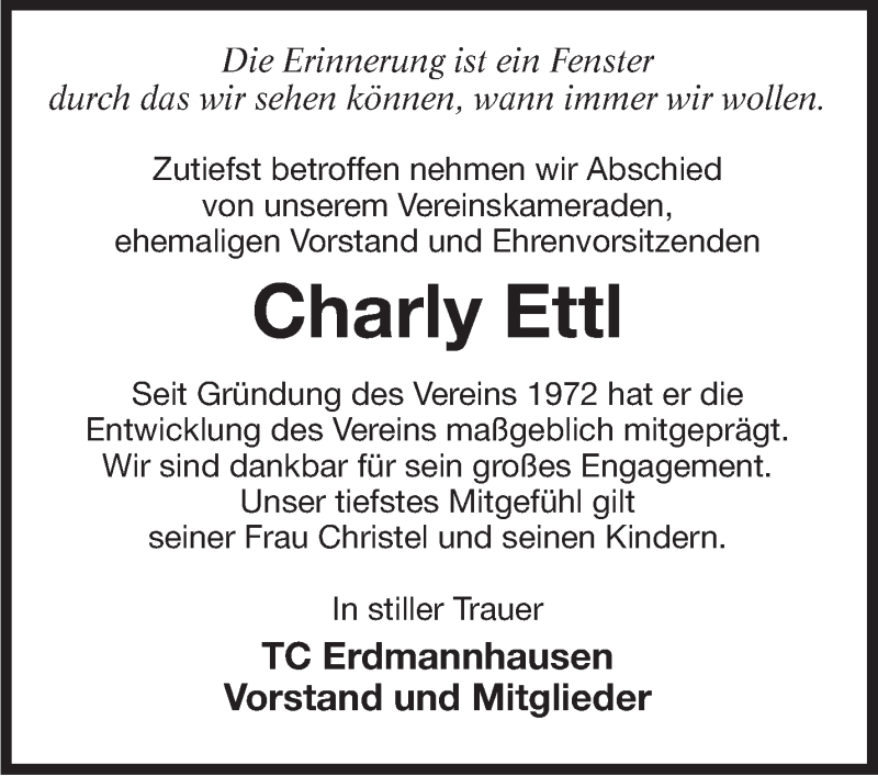  Traueranzeige für Charly Ettl vom 06.07.2019 aus Marbacher Zeitung