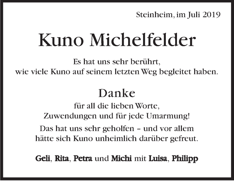  Traueranzeige für Kuno Michelfelder vom 27.07.2019 aus Marbacher Zeitung