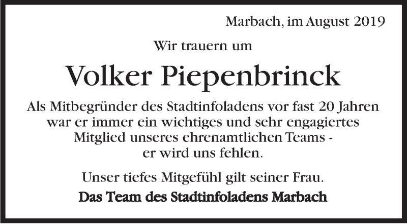 Traueranzeige für Volker Piepenbrinck vom 07.09.2019 aus Marbacher Zeitung