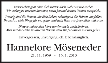 Traueranzeige von Hannelore Möseneder von Marbacher Zeitung
