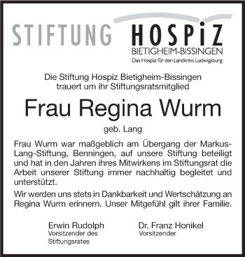 Traueranzeige von Regina Wurm von Marbacher Zeitung