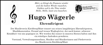 Traueranzeige von Hugo Wägerle von Marbacher Zeitung