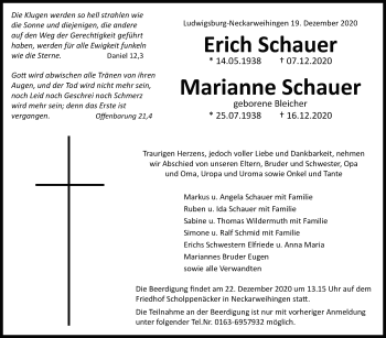 Traueranzeige von Erich und Marianne Schauer von Marbacher Zeitung