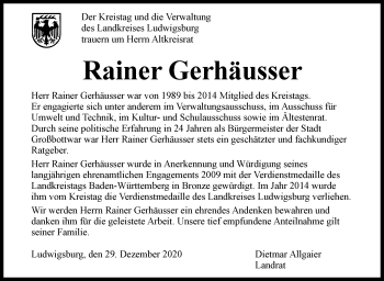 Traueranzeige von Rainer Gerhäusser von Marbacher Zeitung