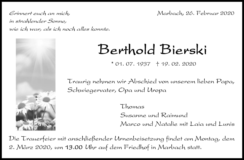  Traueranzeige für Berthold Bierski vom 26.02.2020 aus Marbacher Zeitung