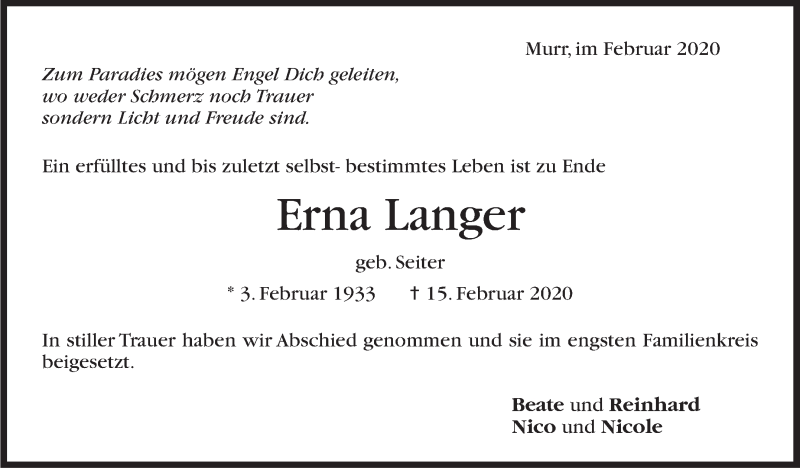  Traueranzeige für Erna Langer vom 22.02.2020 aus Marbacher Zeitung