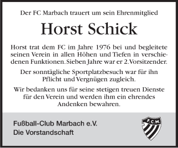 Traueranzeige von Horst Schick von Marbacher Zeitung